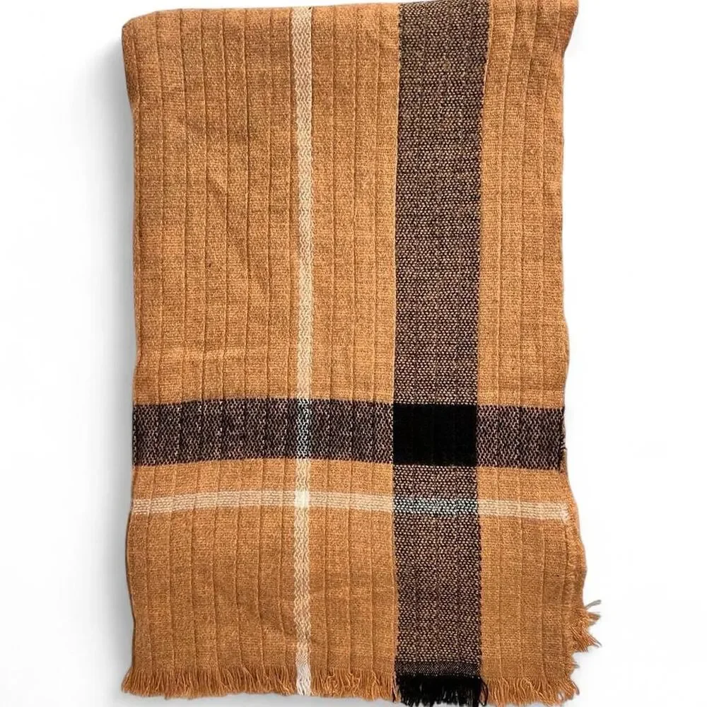 Preppy Black and Tan Plaid Fringe Scarf Wrap